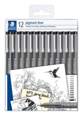 Liner, sada, 12 rôznych hrúbok, STAEDTLER "Pigment Liner 308", čierna